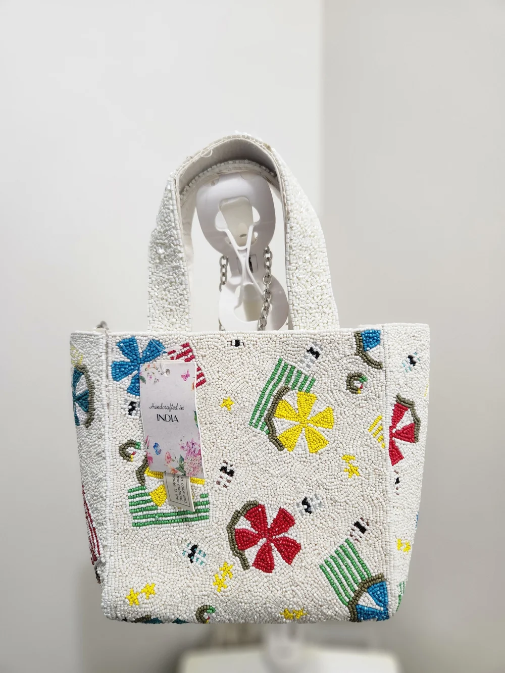 Handcrafted White Beaded Mini Toe with Multicolor Floral Motifs! - Picture 4 of 7